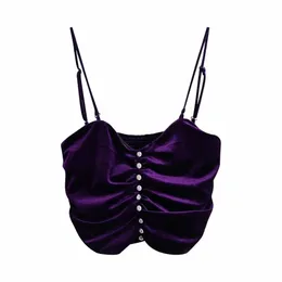 セクシーな女性紫スパゲッティストラップベルベットショートトップス春ファッションレディースプリーツキャミソール女性ダイヤモンドボタントップ210515