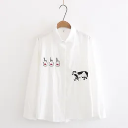 H.SA Cows bottle Embroidered Women Blouse Turn-Down Collar Shirt Tops Stripe Button Long Sleeve Loose Female Work Blouses 210417