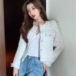 Autumn women Tweed Jacket high quality Small Fragrance Pearl single breasted Women Korean Short Elegant Coat 211014