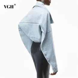 VGH Casual Mavi Ceket Kadınlar için Yaka Uzun Kollu Damla Omuz Gevşek Minimalist Açık Ön kadın Mont Moda 211014