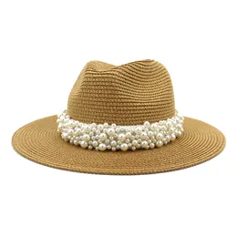 Outdoor Women Beach Sun Hat with Pearls Band Folding Visor Straw Hat Caps Summer Wide Brim Fedora Travel Gambler Hat Wholesale
