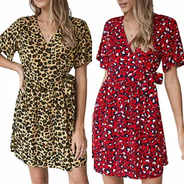 Letnie kobiety Sukienka Leopard Druku Dress 2021 V Neck Lace Up Midi Sukienka Krótki Rękaw Wakacyjny Party Beach Sundress Kobiety Odzież X0521