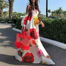 women elegant tunic high waist elastic chiffon floral print off shoulder maxi dress bohemian beach long dresses vestidos GL268 210401