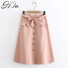 Hsa Women Bow Summer Skirts High Waist Button Up jupe longue femme Pockets Harajuku faldas Pleated Knee Length Female Jupes 210417