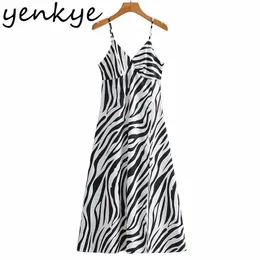 Vintage Zebra Striped Sling Sexy Sukienka Kobiety V Neck Wysoka talia A-Line Casual Długa Kobieta Letnia Noc Out Vestido 210430