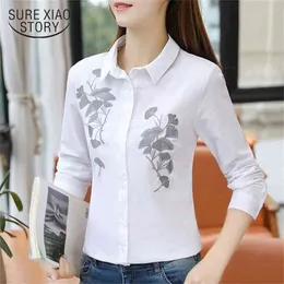 spring women tops chiffon shirts long sleeved blouses plus size embroidery office lady casual slim clothing D424 30 210506
