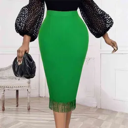 Hög midja kjol Kvinnor Bodycon Tassel Elegant Kontorspaket Hip Long Femme Jupes Plus Storlek 4XL 5XL Sommar Fashion Fringe Kjolar 210527