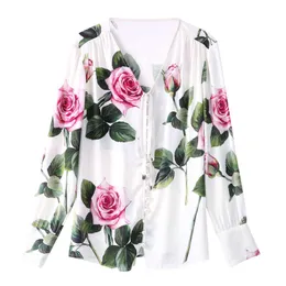 Ankomstdesigner Rose Flower Floral Bow Tie Collar Elegant Kvinnors Kontor Arbete Blus Blusas Femme Top Shirts Plus Storlek 210529