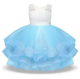 Flower Girl Party Dress Girls Elegant Tulle Backless Wedding Princess Gown Pageant Klänningar Blå Rosa 2 Färger