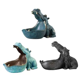Resin Hippo Staty Hippopotamus Skulptur Figurens nyckel Candy Container Sundries Storage Hållare Hemmabell Artware Desk Decor 210804