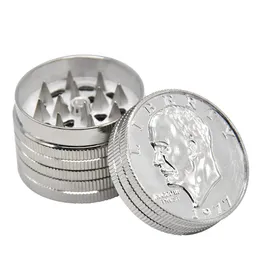 2022 new 42MM Silver Coin Shape Smoking Metal Tobacco Grinder 3 Layer Hand Crank Crusher Smoke Herb Grinders Magnetic Cover
