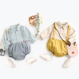 0-3Yrs born Baby Boys Fake Two Piece Long Sleeve Clothes Rompers Spring Autumn Toddler Triangle Jumpsuits 210429