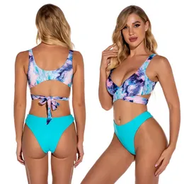 Kvinnors badkläder Kvinna Blue Bikini Set Bodysuit Sexig Cross Strap Bathing Suit Swimsuit Women 2 Pieces Push Up Costumi Da Bagno Donna