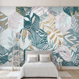 Anpassad väggmålning Bakgrund Nordic Tropical Plant Leaf 3D Geometrisk Linje Fresco Vardagsrum TV Bakgrund Väggmålning Papel de Parede