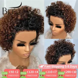 مجعد Beeos Short 250 ٪ Pixie Cut Bob Wig 13*2 Lace Front Wigs Brazilian Remy Human Human مع شعر الطفل S0826 S