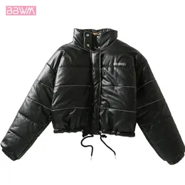 PU Winter Line High Waist Warm Women's Cotton Coat Zipper Long Sleeve Reflective Strip Stand Collar Female Jacket Black Tops 210507