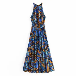 Dorywczo Kobiety O Neck Draw Powrót Dress Lato Moda Damska Plaża Styl Kobiet Digital Print Długa Spódnica 210515