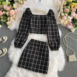 Plaid Dress Women 2 Two Piece Set Casual Short Top Koszule + Mini Spódnica Dopasowanie zestawy 210730