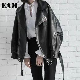 [EAM]高品質の春のブラックPUレザールースターンダウンカラージッパーファッション女性の野生のジャケットLA938 210818
