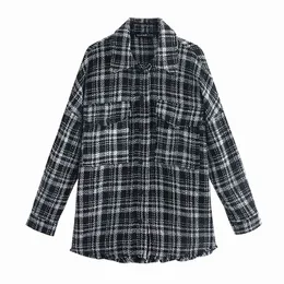 Snygga chicfickor Svart Plaid Tweed Jackor Kvinnor Mode Lapel Collar Side Vents Coat Kvinna Chic OuterWear 210520