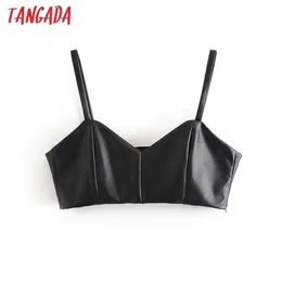 Tangada Kadınlar Siyah PU Deri Camis Kırpma Üst Spagetti Kayışı Kolsuz Backless Kısa Bluzlar Gömlek Kadın Katı Tops QN28 210625