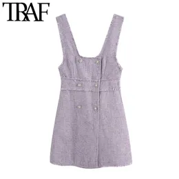 Traf kvinnor söt mode dubbel bröst tweed miniklänning vintage frayed trim breda remmar kvinnliga klänningar vestidos mujer 210415