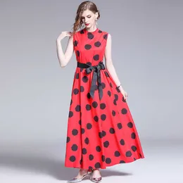 Kadınlar Yaz Tasarımcısı Zarif Polka Dot Baskı Moda Gevşek Rahat Parti Robe Bayanlar Vintage Kırmızı Kolsuz Elbise Vestidos 210525