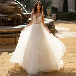 Sexy V-Ausschnitt Boho Hochzeitskleid 2021 rückenfrei A-Linie Tüll Sommer Strand Braut Kleider Top Spitze Robe Mariage Bohemian ärmellos Vestido de Fiesta Boda