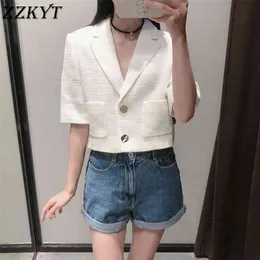 ZZKYT Women Summer Vintage Single Breasted T Short Jacket Coat Fashion Pockets Outerwear Casual Tops Chaqueta Mujer 210918