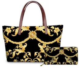 Shopping Bags KUILIU Handbag for Women Golden Baroque Pattern Luxury Print Female Girls Shopper Waterproof Cloth Tote Shoulder 220301