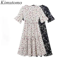 Kimutomo fransk stil blommig klänning kvinnor mild retro sommar v-hals kortärmad slank midja chiffon vestidos elegant 210521