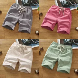 Linen shorts men's trend summer pink five-point pants candy color sleeping big pants men half pants 2021 X0628