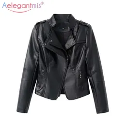 Aelegantmis Classic Women Soft Faux Leather Jackets Lady Cool Zippers Motorcyle Biker Jacket Slim Short Outerwear Black 210607