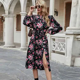 ashion O neck floral Print slit dress Beach boho vintage dress for women summer V-neck Sexy midi Party dress women vestidos 210514