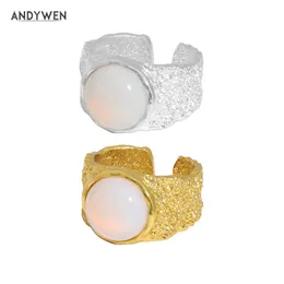 ANDYWEN 925 Sterling Silver Gold White Opals Resizable Adjustable Rings Wedding Rock Punk Luxury Jewelry Gift Fashion 210608