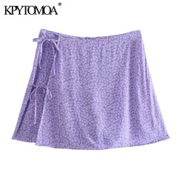 KPytomoa mulheres chique moda lateral laço impresso shorts saias vintage cintura alta volta zíper feminino skort mujer 210611