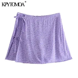 KPYTOMOA Frauen Chic Mode Seite Krawatten Gedruckt Shorts Röcke Vintage Hohe Taille Zurück Zipper Weibliche Skort Mujer 210611