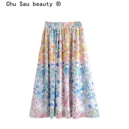 Piękno Moda Blogger Kwiatowy Drukuj Wysokiej Talii Spódnica Kobiety Słodkie Chic Elastyczne Szyfonowe Długie Spódnice Kobiet 210514