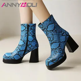 부츠 Annymoli Women Shoes 2021 발목 chunky 슈퍼 하이힐 platfrom 스퀘어 발가락 지퍼 인쇄 아가씨 파란색 46 봄