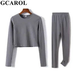 Gcarol Womensets 2 st 95% Bomull Sexig Crop T-shirt Hip Lift Yogo Legging Stretch Fitness Andning Tees Full Length Pants 210819