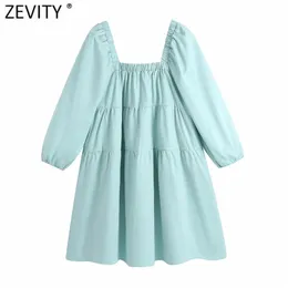 Women French Style Solor Elastic Pleat Straight Mini Dress Ladies Puff Sleeve Vestido Chic Casual Dresses DS8325 210416