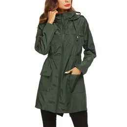 女性風のジャケットレインコートベーシックスタイルジッパーポケット長袖フード付きウインドブレーカー防水ハイキング屋外コートプラスサイズ210928