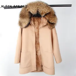 Parka Inverno de lã casaco de caxemira Mulheres Fur Jacket Overcoat Collar com capuz Rex Rabbit Fur forro Top Quality 211110