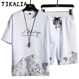 Letnia odzież męska Moda Stroje O-Neck Koszula i Szorty 2 Piece Set Casual Outwear Ubrania Białe Graficzne Drukowane Mężczyźni Zestawy 210722
