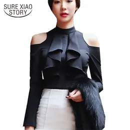 Höstkvinnor Toppar Koreanska Sexiga Fashion Blusas Hollow Shirt Långärmad Chiffon Solid Bluskläder D63 30 210506