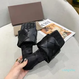 2021 Designers Top Quality Woman Lido Sandals Square Toe High Heels Open-toe Woven Flat Slippers Designer Summer All-match Stylist Shoes Hee