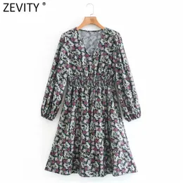 Women Sexy V Neck Flower Print Elastic Waist A Line Prairie Chic Lady Pleat Puff Sleeve Vestido Casual Dress DS4781 210416