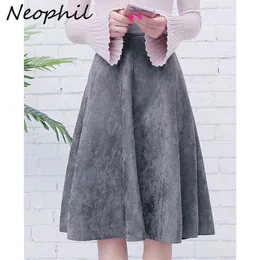 NeoPhil Kadınlar Süet Yüksek Bel MIDI Etek Kış Vintage Stil Elastik Bayanlar A-Line Siyah Yeşil Flare Moda Etek S29A4 211120
