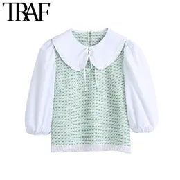 Frauen Süße Mode Patchwork Tweed Blusen Vintage Peter Pan Kragen Ausgefranste Saum Weibliche Shirts Blusas Chic Tops 210507