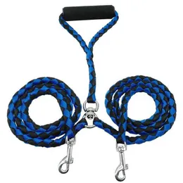 2 Way Braided Nylon Dual Dog Leash Dubbel Bly Rope Durable Walking Starkt koppelband för 2 hundar med mjukt vadderat handtag 210712